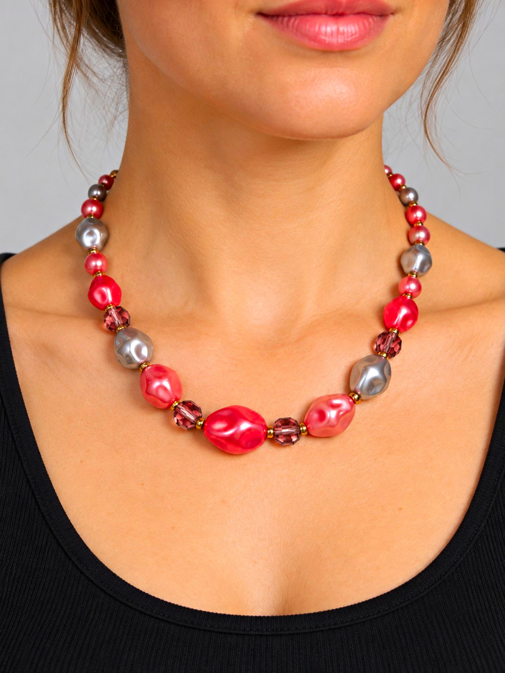 Pink Gray Faux Pearl Baroque Beaded Choker Necklace Gold Tone Adjustable